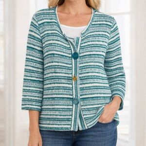 Per Una Teal Aqua White Striped Cardigan Sweater 3/4 Sleeves Buttons 2010s Sz L